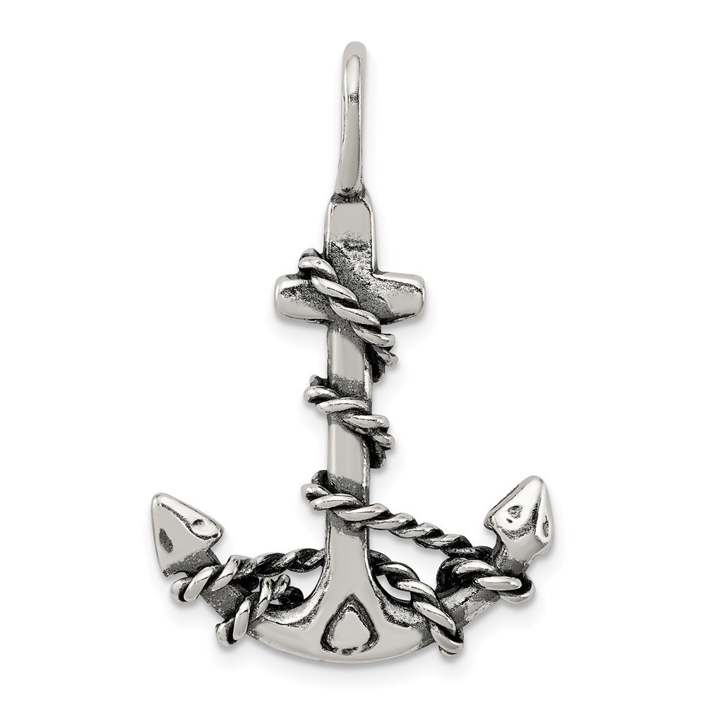 Sterling Silver Nautical 3D Antiqued Anchor and Rope Necklace Pendant Unisex